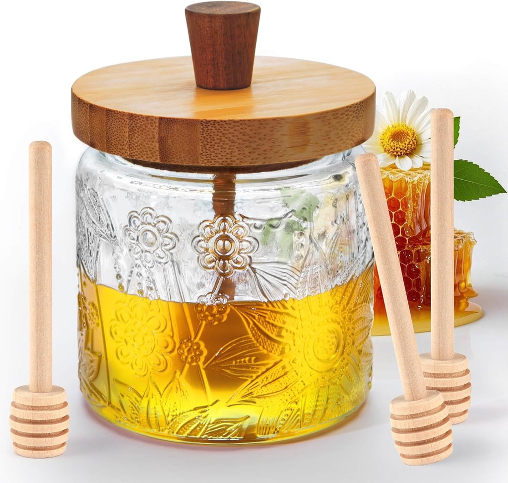 Glass Honey Dispenser No Drip, 17.5 OZ Oversize Glass Honey Jars with Dipper Beautiful Exterior Decoration Table, Honey Pot Honey Container Set