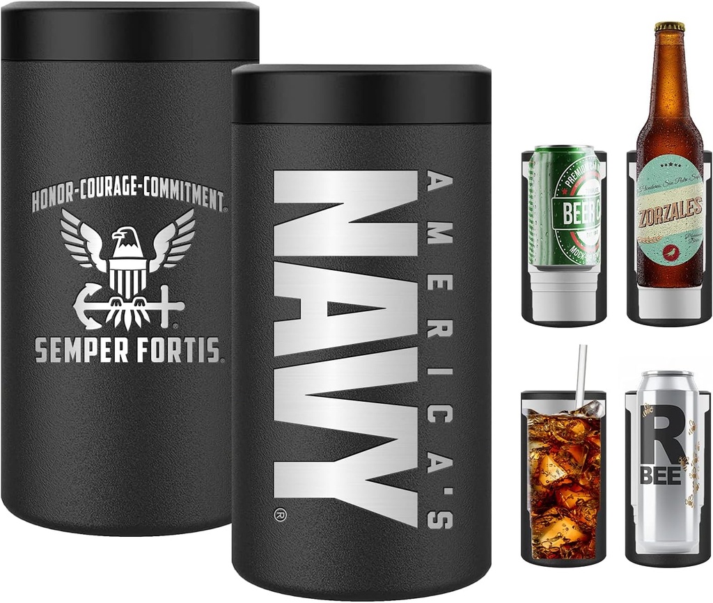 Navy 4 in 1 Insulated Can Cooler, Stainless Steel Double-Walled Insulator for 12 oz Standard or Skinny Slim Cans, 12 Oz Beer Bottles & Mixed Drinks – Navy 4 in 1