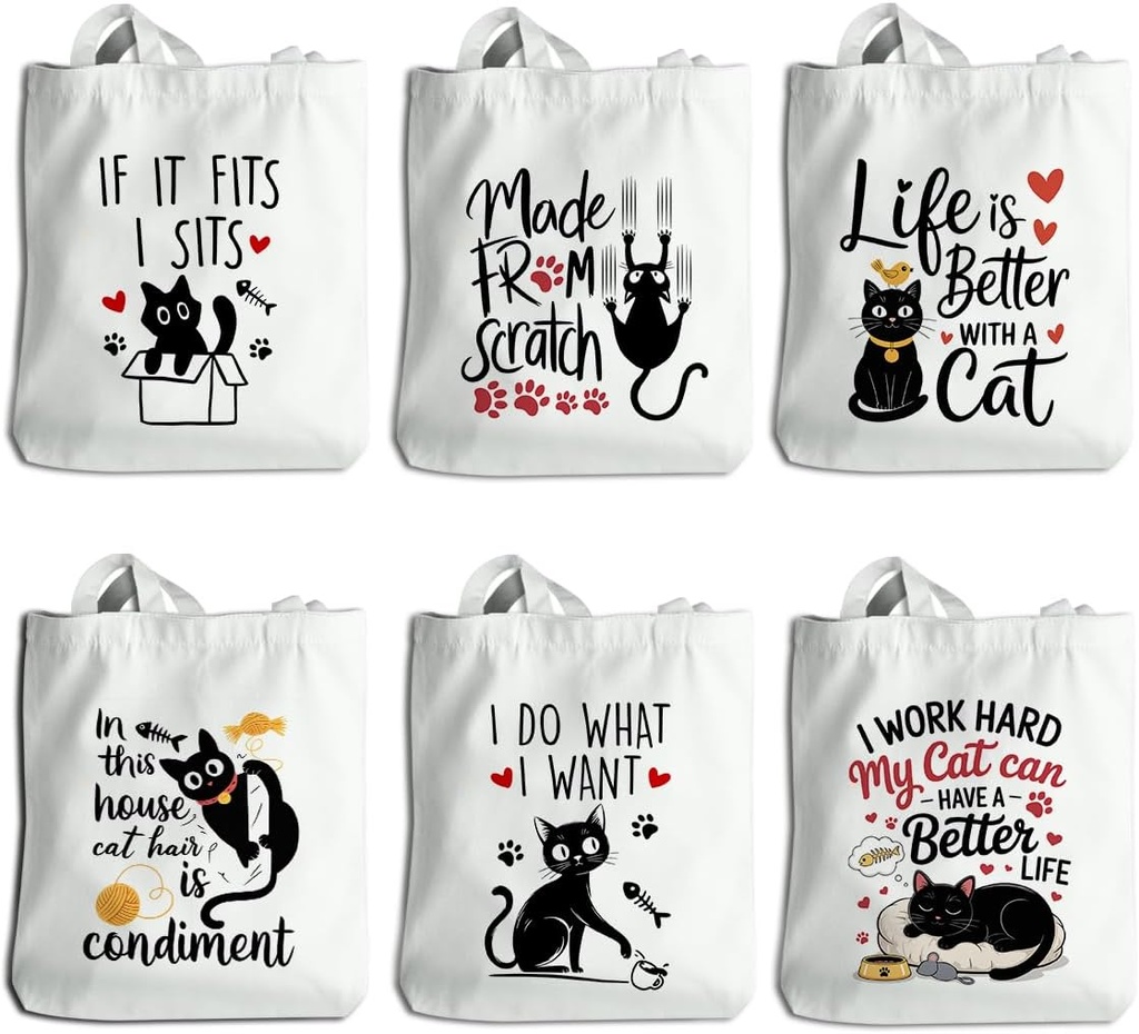 totebag-487 6 Pcs Black Cat Canvas Tote Bags for Women, Aesthetic Reusable Grocery Bags Shopping Beach Shoulder Bag Handbag for Women Friend Sister Coworker Birthday Christmas Gifts