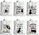 totebag-487 6 Pcs Black Cat Canvas Tote Bags for Women, Aesthetic Reusable Grocery Bags Shopping Beach Shoulder Bag Handbag for Women Friend Sister Coworker Birthday Christmas Gifts