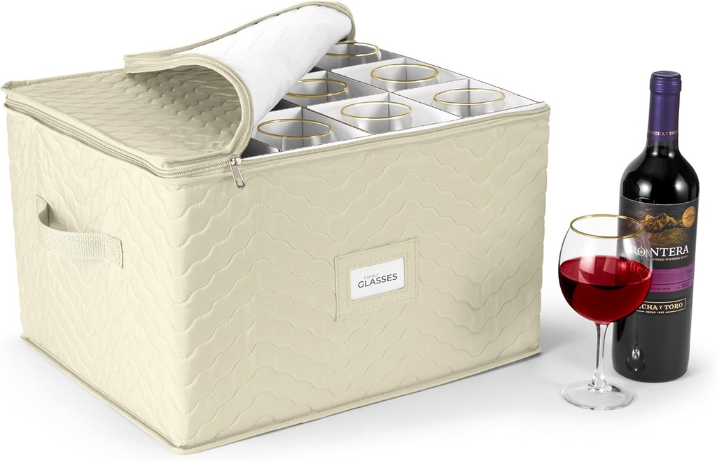 Sorbus Stemware Storage Chest - Deluxe Quilted Case with Dividers - Service for 12 - Great for Protecting or Transporting Wine Glasses, Champagne Flutes, Goblets, and more (Storage Glass - Beige)