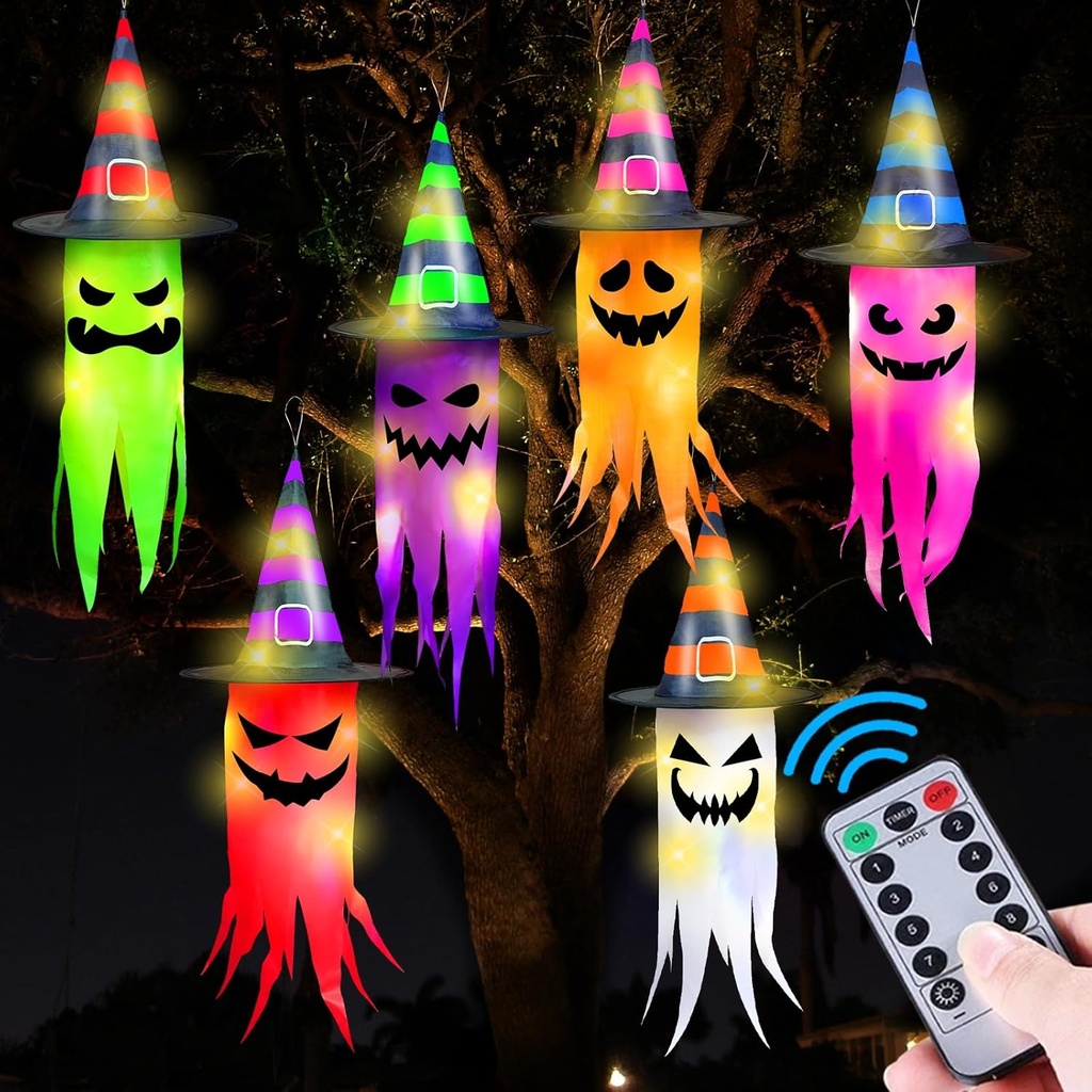 Halloween Decorations 6 Pcs Lighted Hanging Witch Hat Ghosts, 8 Modes Remote Control, 13 FT Long Halloween String Lights Holiday Decor for Indoor Outdoor Yard, Lawn, Scary Theme Party