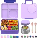Bento Box for Kids - Leak-Proof Bento Lunch Box with Insulated Thermos Food Jar - 4 Compartments, 1 Removable Divider, 1Spoon, 1 Fork - Dishwasher Safe, BPA-Free (Light purple)