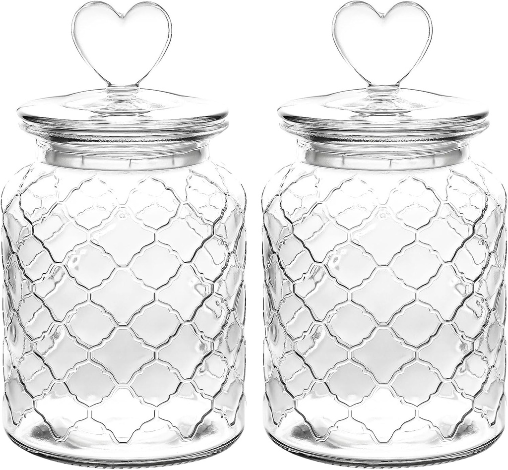 WHJY Set of 2 32oz Airtight Glass Jars Decorative Jars, Jar of Hearts Cute Cookie Jar Decorative Jars with Lids Candy Jars for Candy Buffet Heart Shaped Lid - Grid Textured