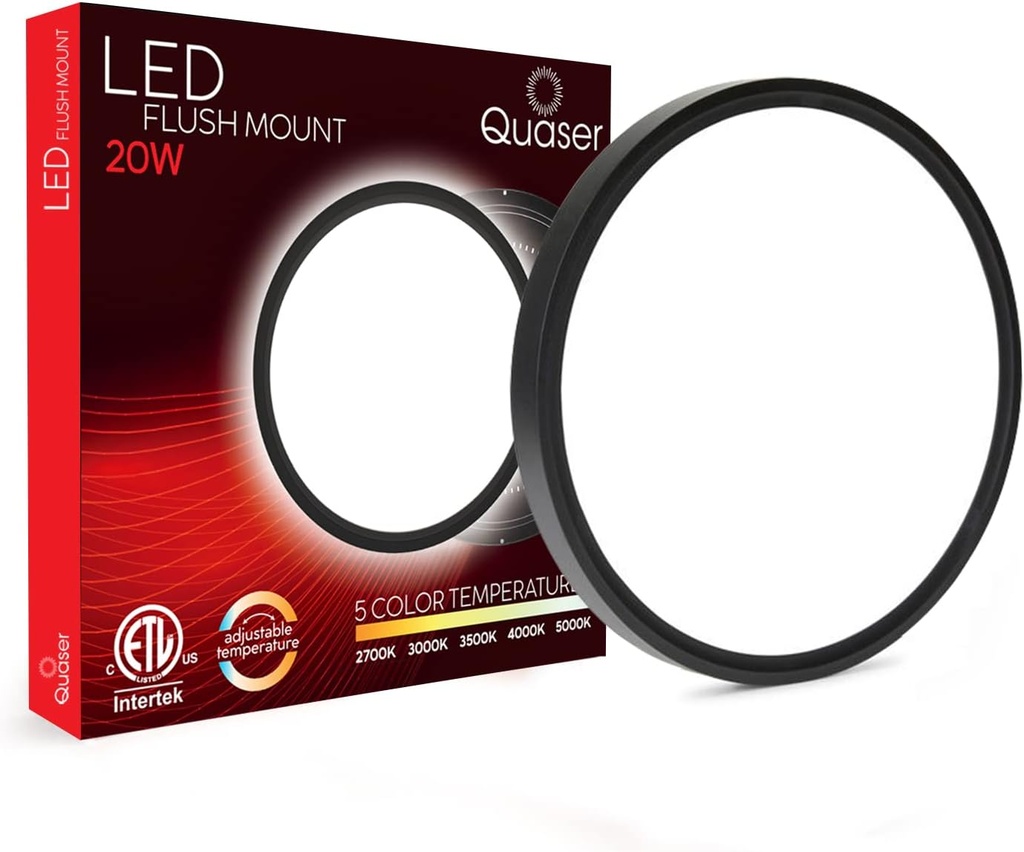 Quaser LED Flush Mount Ceiling Light Fixture,12inch with 5 Different Color Temperatures Low-Profile Round LED Ceiling Light 2000 Lumen 120 Volt, Light Fixture for Hallway, Bedroom, Bathroom-Black