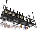 Ceiling Hanging Wine Rack with Glass Holder and Shelf | Upside Down Wine Glass Rack with Boom Adjustable Height Bottle Holder Wine Champagne Goblets Stemware Racks, for Kitchen Cellar Bar/120 * 2 (()