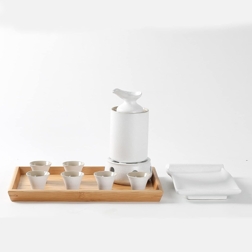 11 Pieces Sake Set Traditional White Ceramic Sake Cups Set with Warming Pot and Candle Stove Elegant Design Best Gift for Family and Friends Cups