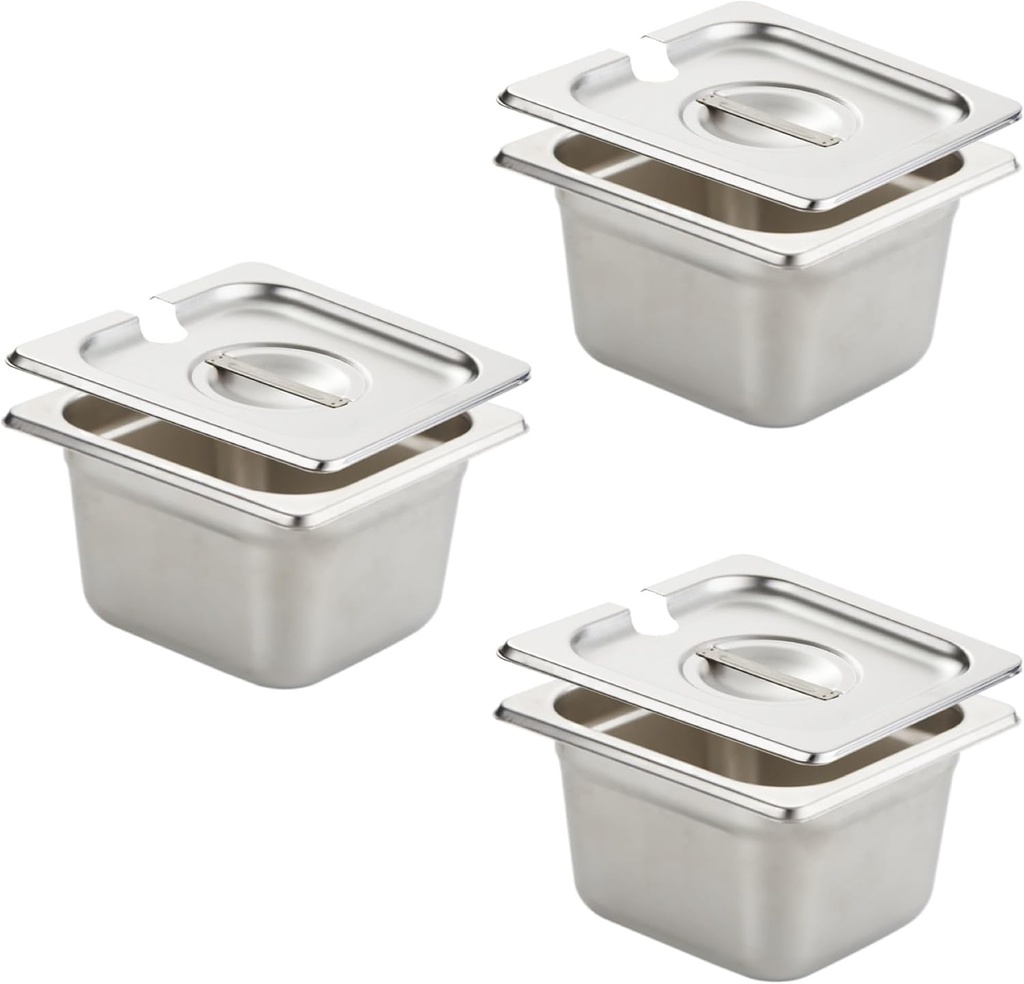 3 Pack Stainless Steel Anti-Jam 1/6 4-Inch Hotel Pans with Notched lid, Commercial Heavy Duty Stainless Steel, 23 Gauge