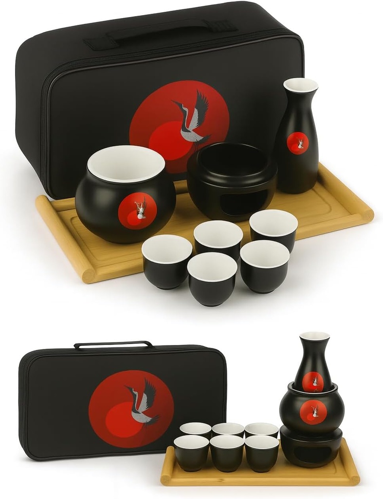 Japanese Sake Cup Set with 6 Ceramic Cups, 1 Ceramic Sake Bottle, 1 Ceramic Sake Warmer, Bamboo Tray, and Cloth Carrying Case - Perfect Hot Sake Set for Authentic Japanese Experience (Black/White)