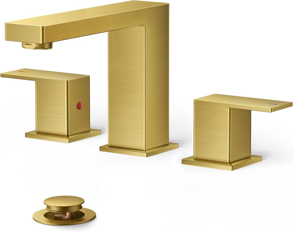 FORIOUS 8 Inch Widespread Gold Bathroom Faucet, Square 2 Handle Brushed Gold Bathroom Sink Faucet 3 Hole with Metal Drain, 24" CUPC Supply Lines and Spare Aerator, Vanity Sink Remodel