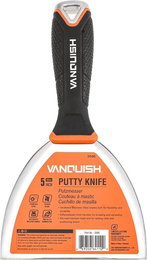 VANQUISH Stainless Steel Putty Knife, 5 Inch Paint Scraper with Soft Grip Handle and Metal Hammer End for Drywall Spackle, Taping, Scraping Paint 3586