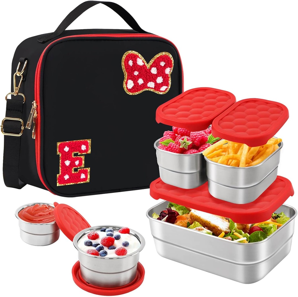 Insulated Lunch Box Set, Bow Mouse Preppy Initial Lunch Bag With Stainless Steel Bento Box, Cooler Snack Food Containers Back To School Gift Girls Teens Kid Women For Picnic Park Work Travel Black E