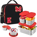 Insulated Lunch Box Set, Bow Mouse Preppy Initial Lunch Bag With Stainless Steel Bento Box, Cooler Snack Food Containers Back To School Gift Girls Teens Kid Women For Picnic Park Work Travel Black E