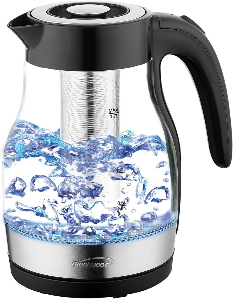 Brentwood KT-1962BK 1.79-Qt. 1,100-Watt Cordless Glass Electric Kettle with Tea Infuser and Swivel Base (Black)
