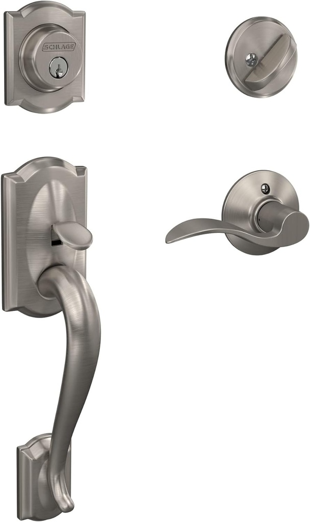 Schlage F60 V CAM 619 ACC Camelot Front Entry Handleset with Accent Lever, Deadbolt Keyed 1 Side, Satin Nickel