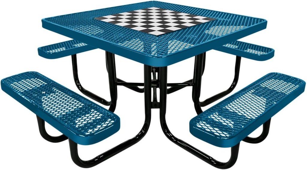 COATEDOUTDOORFURNITURE Heavy-Duty Portable Outdoor Picnic Table with Umbrella Hole, Expanded Metal Commercial-Grade Patio Dining Furniture Made in America (46" Square Game-Top, Light Blue)
