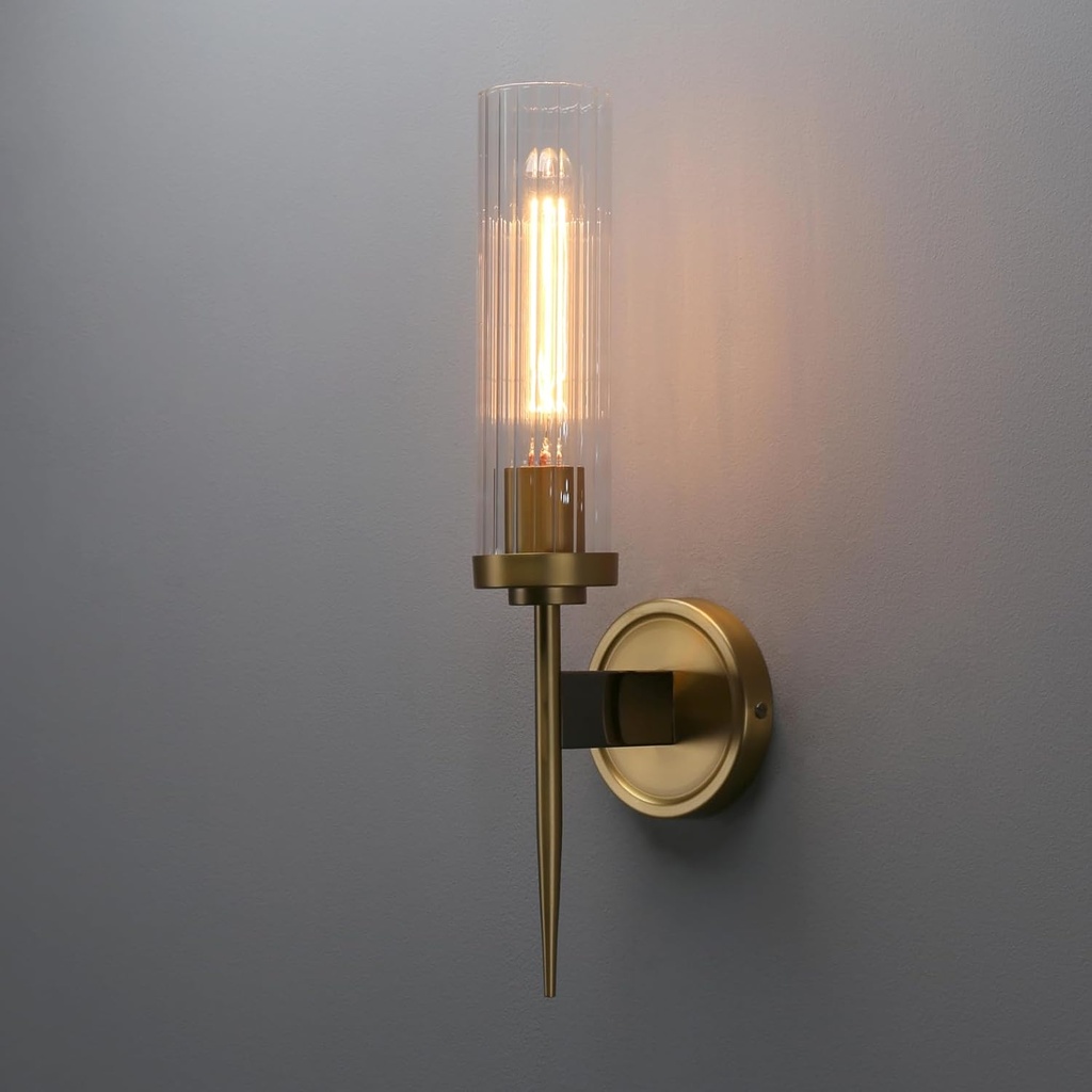 Phansthy Bathroom Vanity Light Antique Brass 1-Light Wall Sconce with 2.8 Inches Diameter Cylinder Ribbed Clear Glass Canopy (One-Light)