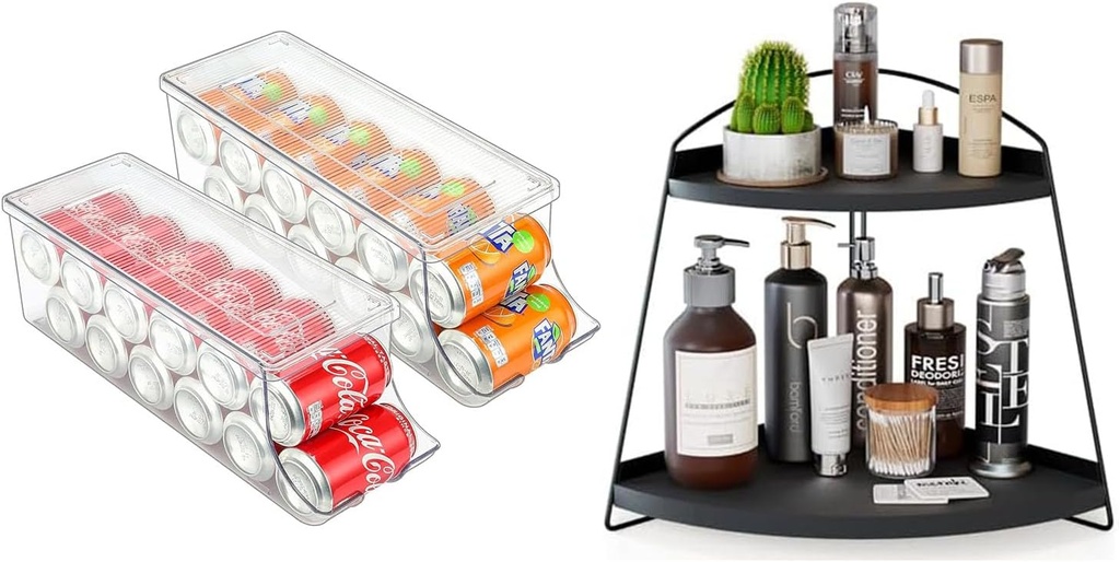 Puricon 2 Pack Soda Can Organizer Dispenser for Refrigerator Bundle with Corner Bathroom Counter Organizer(1 Pack Black)