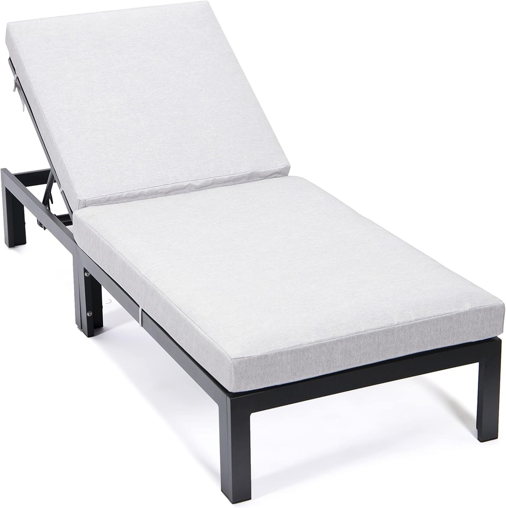 LeisureMod Chelsea Modern Aluminum Outdoor Chaise Lounge Chair with Cushions, Light Grey