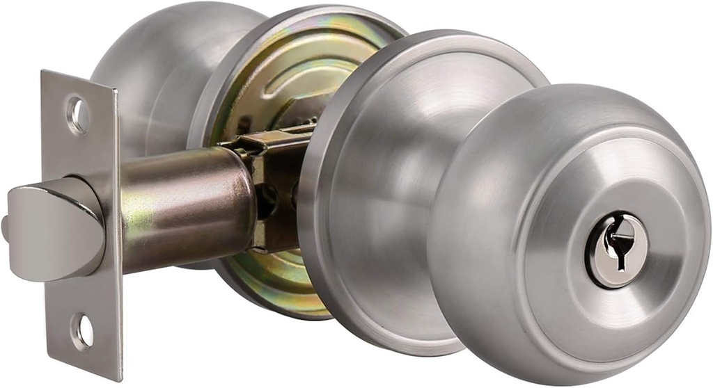 Knobonly 1 Pack Brushed Nickel Finish Entrance Door Knob with Key Exterior Entry Door Sets Flat Ball Satin Nickel Door Handleset