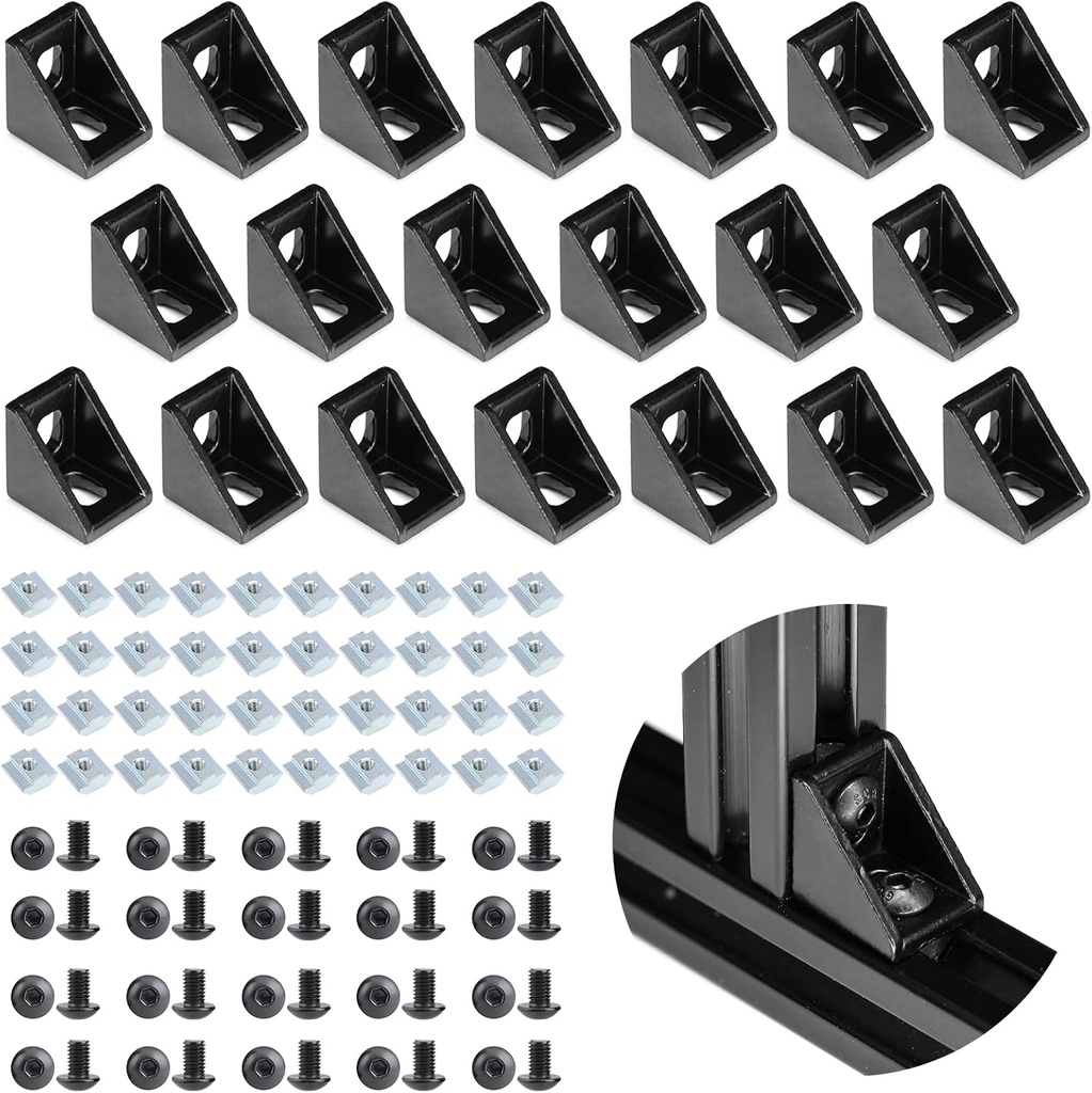 20Sets Black 2020 Series Aluminum Extrusion Profile Connector Set,20Pcs Corner Brackets,with 40Pcs T-Nuts and M5×8 Hex Screw Bolt for 6mm 20S T Slot Aluminum Profile Accessories