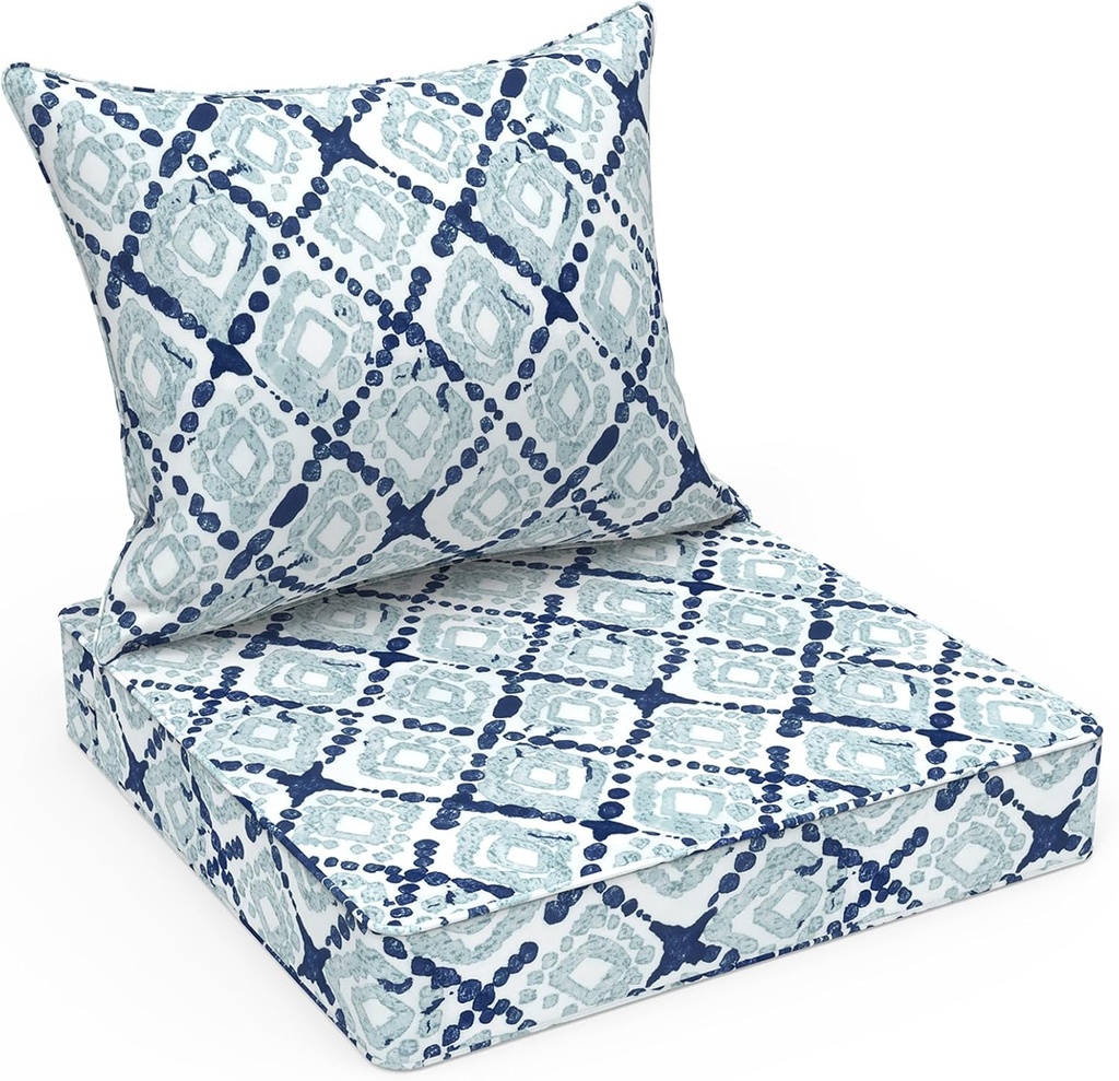 LVTXIII Outdoor Deep Seat Cushion Patio Seat and Back Cushion Set Seasonal Chair Cushion with Removable Cover and Adjustable Buckle for Home and Garden, 24"x24"x4", Boho Geometry Blue