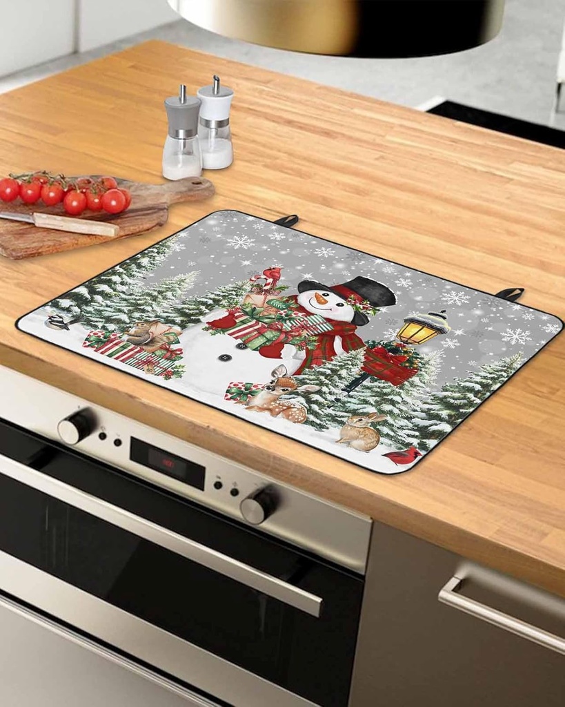 Christmas Countertop Burners Protection Mats for Kitchen, Snowman with Gift Snowflake Deer Gray Rubber Stove Top Cover Mat, Heat Proof Mats Cooktop Cover for Counter Dish Drying Mat, 31"x24"