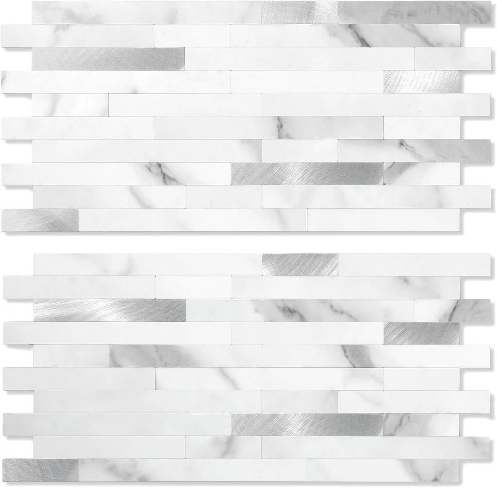 Yipscazo 10 Sheets Peel and Stick Stone Metal Backsplash, PVC Wall Tiles Stick on Tiles for Backsplash Kitchen, Bathroom, Fireplace (6'' X 12'', Marble White)