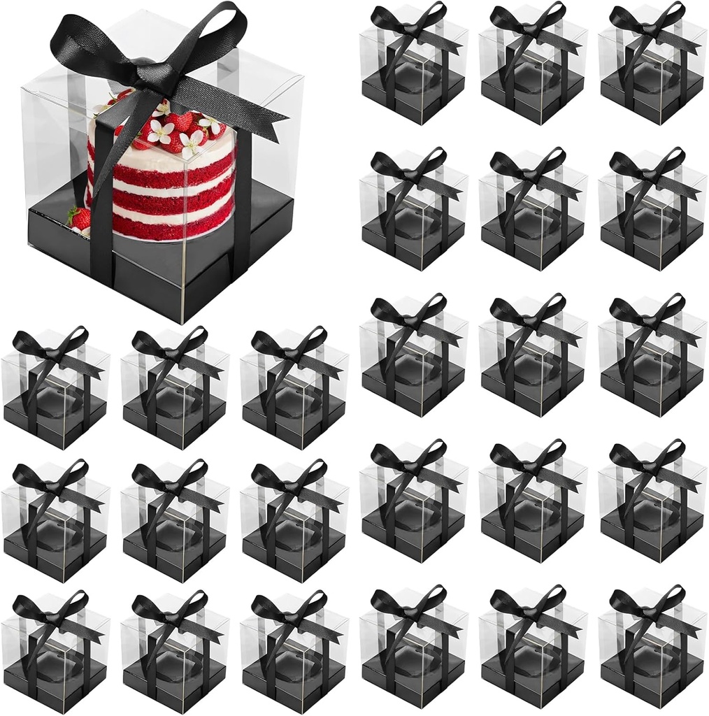 24 Pcs Clear Cupcake Boxes, Clear Plastic Single Cupcake Containers, Foldable Single Cupcake Holders with Inserts and Black Ribbon Multipurpose Cupcake Carrier for Cake Dessert, 3.5 x 3.5 x 3.5 in