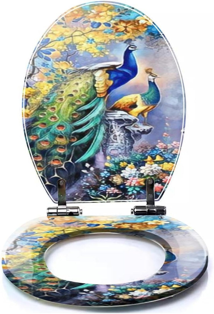 Colored Toilet Seat with Slow Close, There are illustrations peacocks flower trees that used for various Resin Toilet Seats, Easy to Install, Easy to Clean Heavy Duty Deluxe Toilet Seat