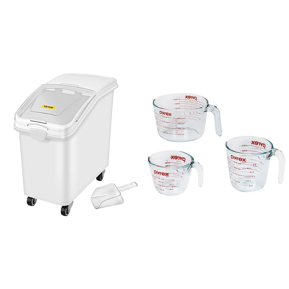 27 Gallon Ingredient Storage Bin 500 Cup Ingredient Bin with Scoop and Sliding Lid Commercial Food Container & Pyrex 3 Piece Glass Measuring Cup Set, Includes 1-Cup,and 4-Cup Tempered Cups