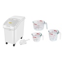 27 Gallon Ingredient Storage Bin 500 Cup Ingredient Bin with Scoop and Sliding Lid Commercial Food Container & Pyrex 3 Piece Glass Measuring Cup Set, Includes 1-Cup,and 4-Cup Tempered Cups