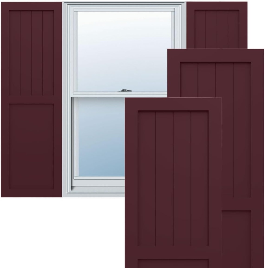 Ekena Millwork 18"W x 37"H True Fit PVC Farmhouse/Flat Panel Combination Fixed Mount Shutters, Wine Red (Per Pair - Hardware Not Included)