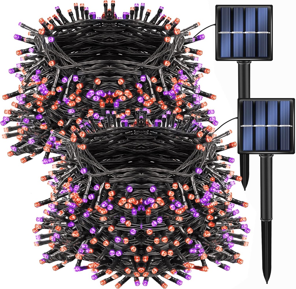 Dazzle Bright 2 Pack Total 400LED 132FT Halloween Solar String Outdoor Lights, 8 Modes Waterproof Halloween Lights for Bedroom Patio Garden Tree Party Yard Decoration (Purple & Orange)