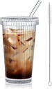 13oz Clear Iced Coffee Cups with Lids, Clear Glass Tumbler with Straw & Lid, Ribbed Glassware Cups, Dishwasher Safe Drinking Glasses, Stylish Glass Cups for Coffee, Juice, Tea, Matcha