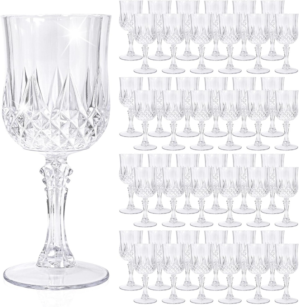 48 Pack Transparent Plastic Wine Glasses, Vintage Plastic Goblets for Parties, Drinking Glasses Unbreakable Glassware Crystal Water Goblets Reusable Drinkware for Wedding Reception Grand Event Party