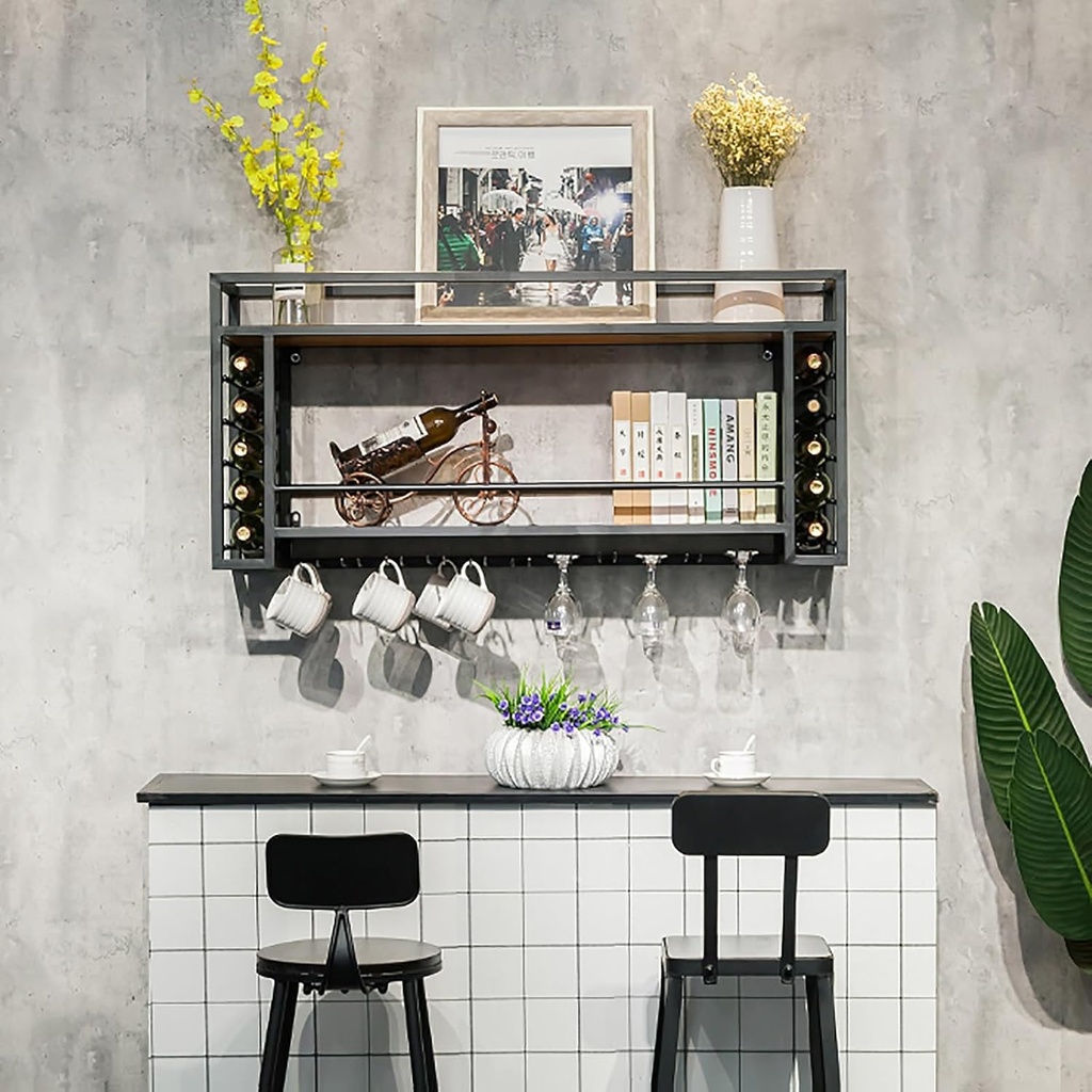 Wall Mounted Wine Rack with Wine Glass Holder,Iron Wine Bottle Display Rack,Bar Unit Floating Shelves,Multifunctional Metal Bottle Holder,Wall Shelf for Kitchen,for Wine Cellar,Liv