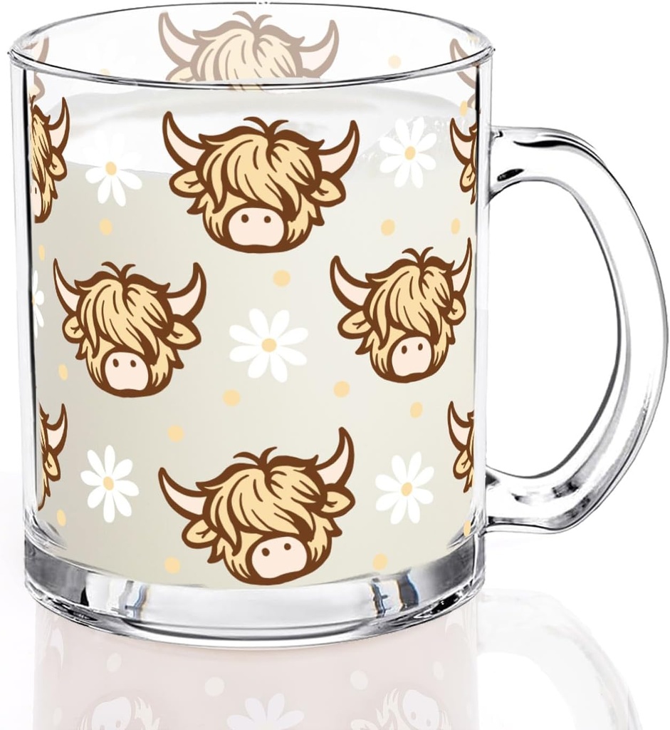 Highland Cow Glass Coffee Mug with Handle 12Oz Rustic Brown Cow Daisy Coffee Cup Beverage Drinking Glass for Hot Cold Drinks Birthday Baby Shower Party Favors