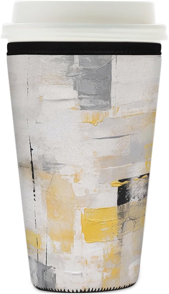 Oil Painting Yellow Gray Black Reusable Iced Coffee Sleeve Neoprene Insulated Drink Holder, Washable Anti-Slip Cold Cup Sleeve for Tumblers Bottles Glasses 26-28oz