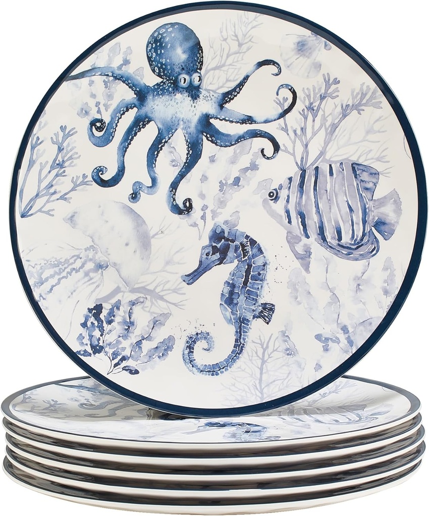 Sea Life Melamine Dinner Plates Set of 6 – 11" Reusable Coastal Ocean-Themed Plates Featuring Octopus & Seahorse Art, Nautical Beach House Dinnerware, Dishwasher Safe, Break-Resistant