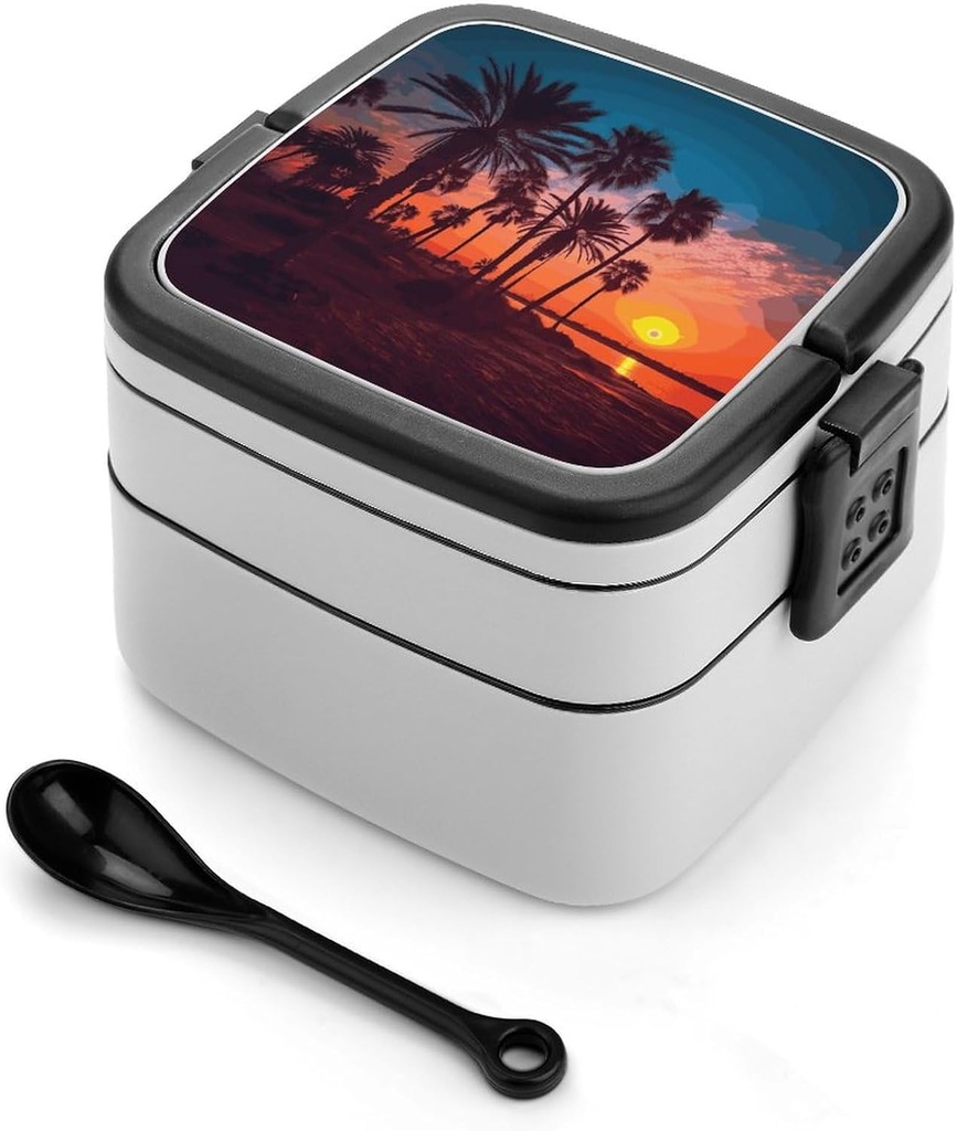 Palm Tree Sunset Bento Box Double Layer Lunch Box with Spoon And Handle All in One Stackable Lunchbox Adult Lunch Container for Women Men Work Picnic Camping