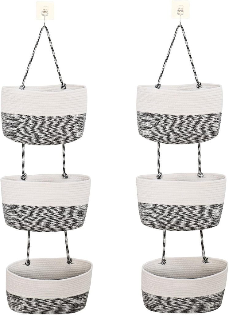 HOIGON 2 PCS Over The Door Storage Hanging Baskets, Woven Cotton 3 Tier Hanging Wall Basket, Hanging Storage Basket for Organizing, Living Room, Bathroom, Bedroom, Kitchen