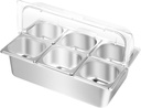 Countertop Food Serving Display Container, 6 Pans Stainless Steel Food Serving Tray with Clear Roll Top Cover, Buffet Condiment Dispenser Display Rack Restaurant Hotel Kitchen Party