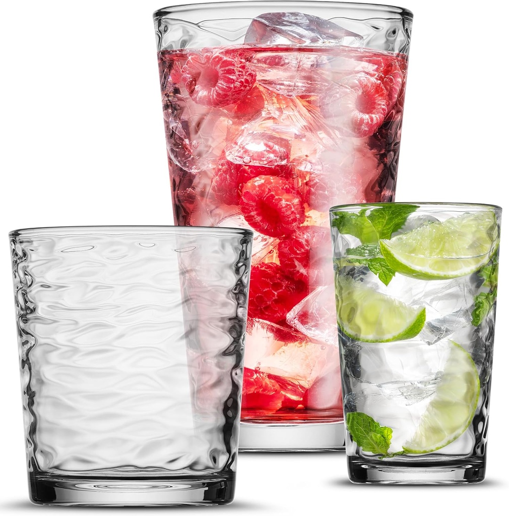 Biscayne 18-Piece Family Drinking Glasses Set - Drinking Glassware Set with Highball Cooler, DOF (Double Old Fashioned), and Juice Glasses - 6 Each