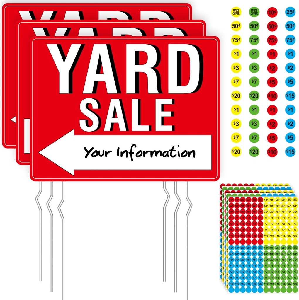 Yard Sale Sign, 3PCS Double Sided Yard Sale Signs with 6 Metal Stakes & 960 Sale Price Labels, Large Font, Fluorescent Neon Color, All-Weather Plastic Sign with Arrow for Garage Sale, Outdoor Estate