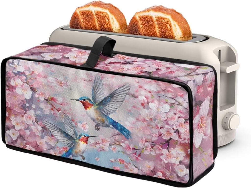 Babrukda Toaster Cover 2 Slice Long Slot Bread Machine Cover with Handle Small Kitchen Appliance Protector Dust and Fingerprint Protection Home Decoration, Pink Floral Hummingbird