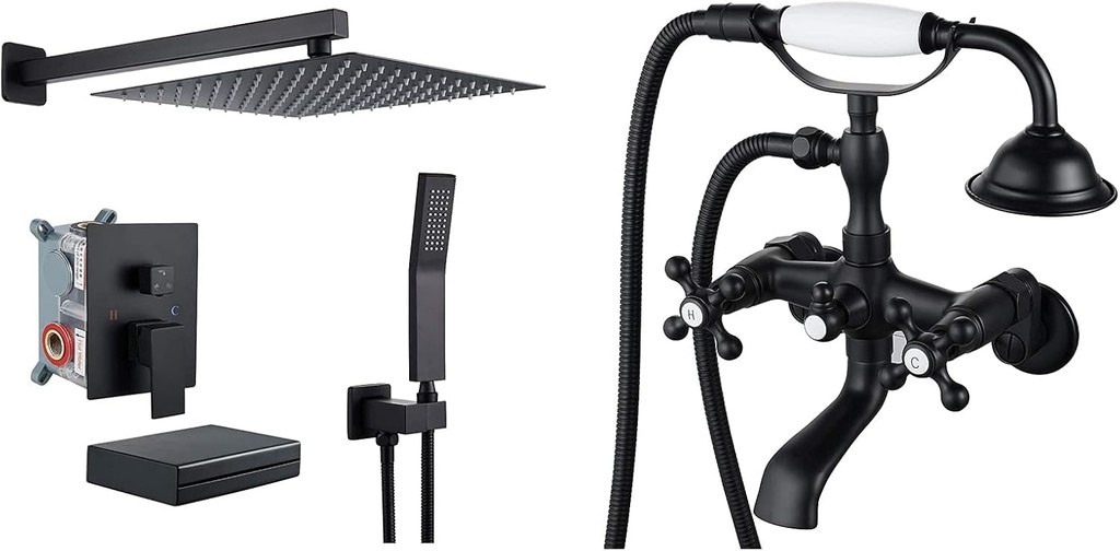 Shower Faucet Set with Waterfall Tub Spout 10’’ Square Rainfall Shower Head Matte Black Clawfoot Bathtub Faucet Double Cross Handle with 3-3/8 Inch Center