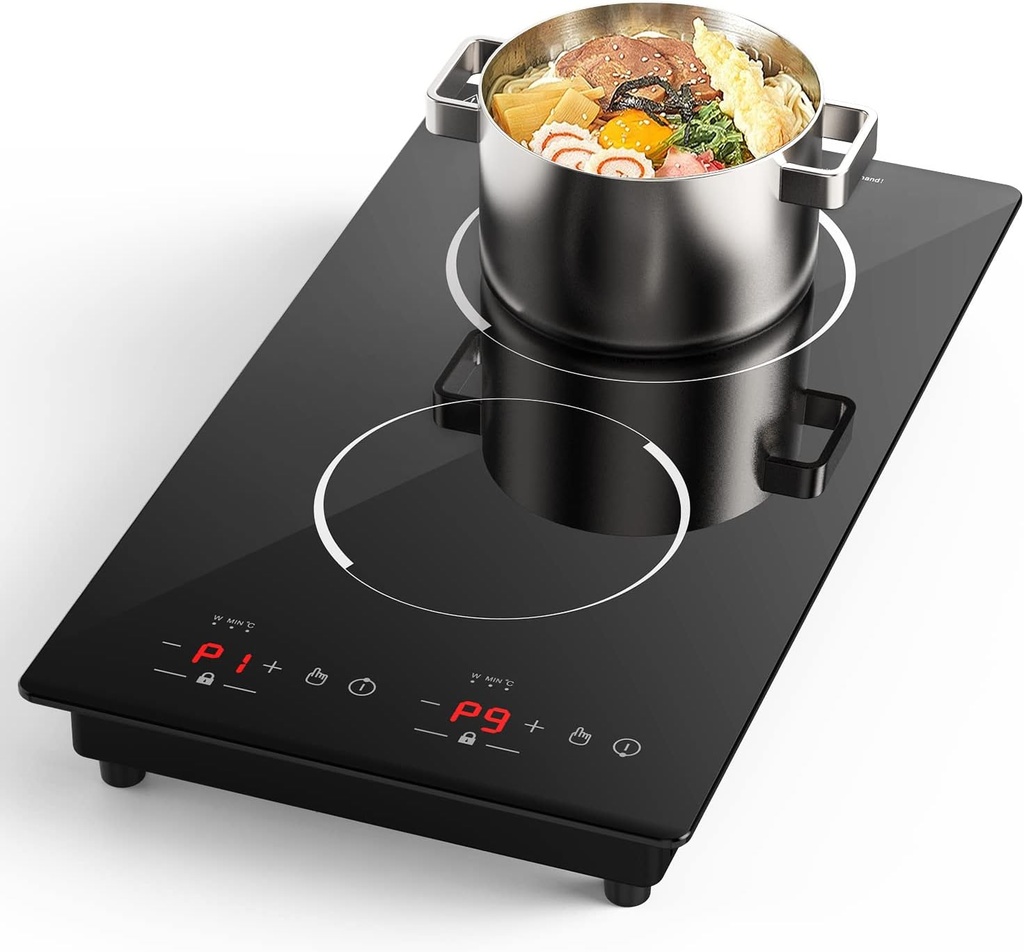 Double Induction Cooktop,110V 2 Burner Induction Cooktop,2300W Electric Stove Top with Independent Control, Ultrathin Body, 9 Temperature, Multiple Power Levels, 2 Hour Timer, Safety Lock