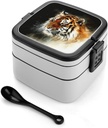 Tiger Bento Box Adult Lunch Box Containers with Spoons Double Layered Lunch Containers Portable Lunch Boxes Food Container for Work Picnic Travel