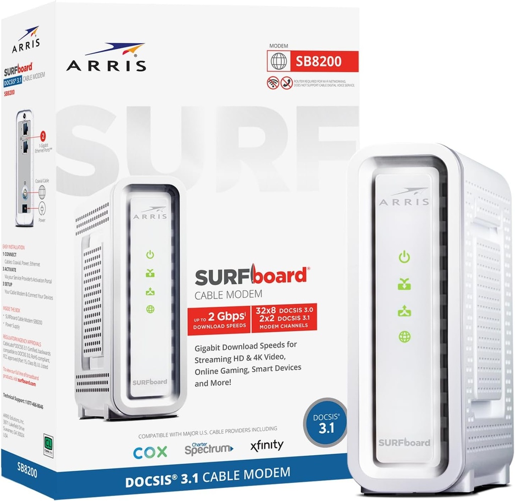 ARRIS SURFboard SB8200 DOCSIS 3.1 Multi‑Gig Cable Modem | 2 -1Gbps Ethernet Ports | Works with Xfinity, Cox, Spectrum | For Cable Internet Plans up to 2Gbps | Modem Only, Router Required